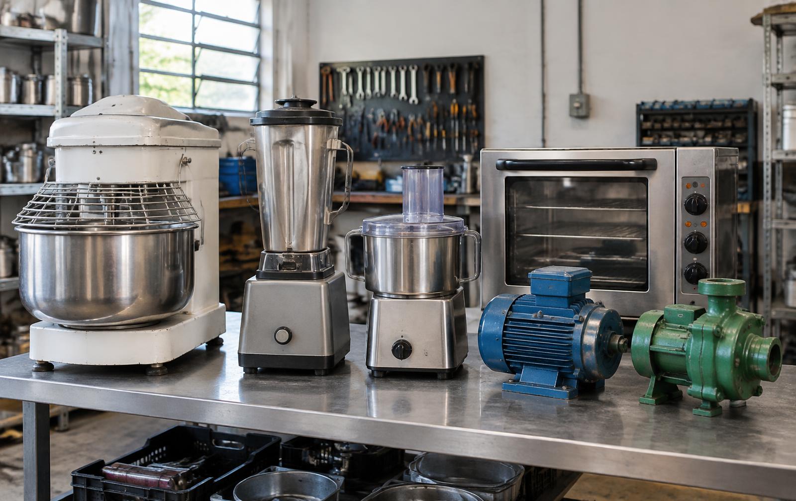 Equipamentos profissionais de gastronomia, motor elétrico e motobomba em oficina técnica